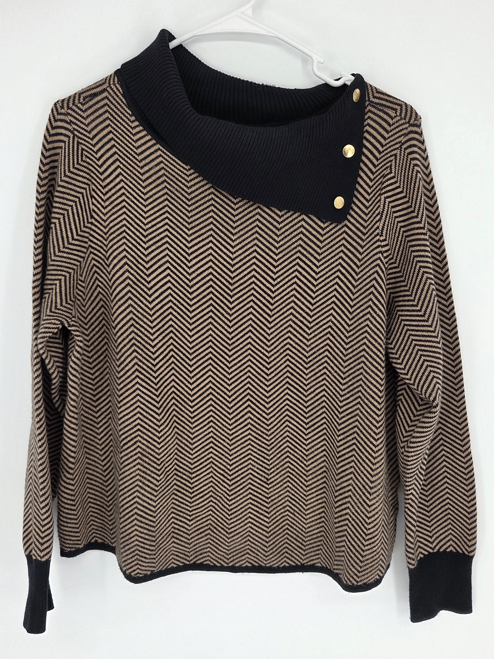 Adrienne Vittadini Womens Large Beige Navy Herringbone Knit Cowl Neck Sweater